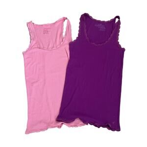 American Eagle Lace Trim Ribbed Tank Top Bundle – Pink & Purple Y2K Cami Set